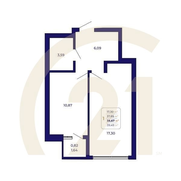 1-комн, 38.67 м², 1 этаж