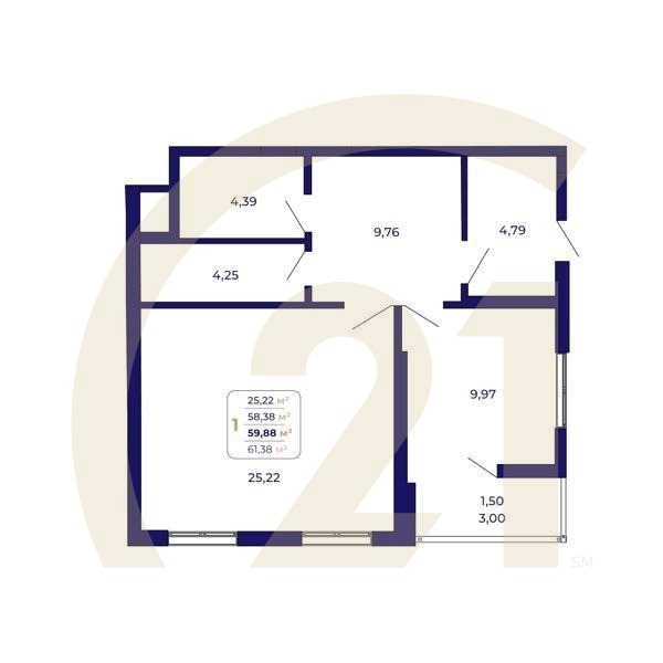 1-комн, 59.88 м², 1 этаж