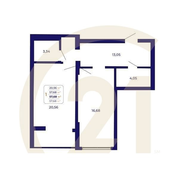 1-комн, 57.68 м², 1 этаж