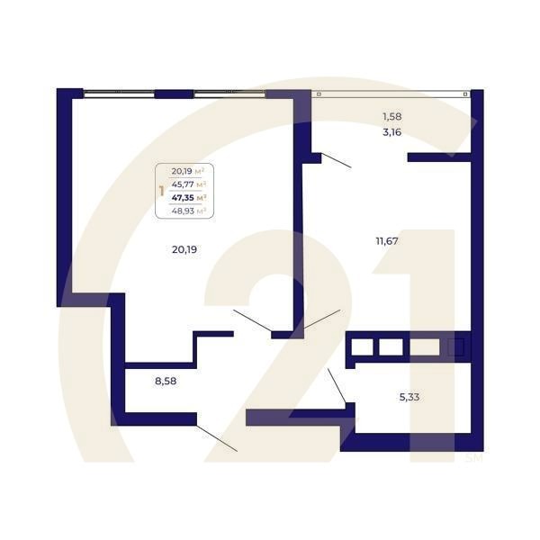 1-комн, 47.35 м², 1 этаж