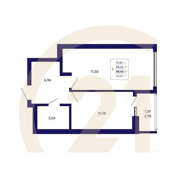 1-комн, 39.42 м², 2 этаж