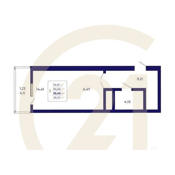 1-комн, 35.45 м², 2 этаж