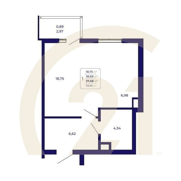 1-комн, 37.58 м², 3-14 этаж