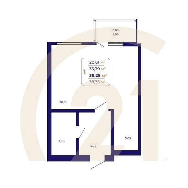 1-комн, 36.28 м², 3-14 этаж