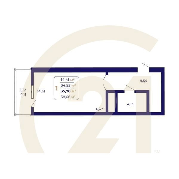 1-комн, 35.78 м², 3-14 этаж