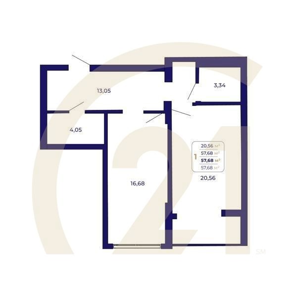 1-комн, 57.68 м², 1 этаж