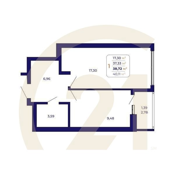 1-комн, 38.72 м², 15-25 этаж