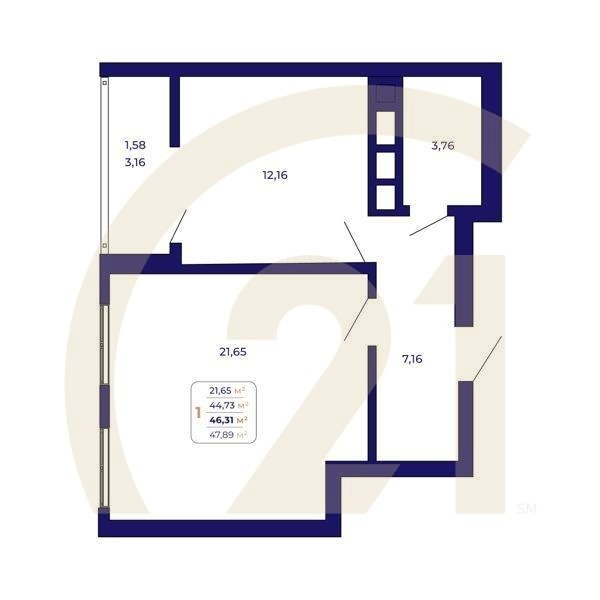 1-комн, 46.31 м², 2-25 этаж
