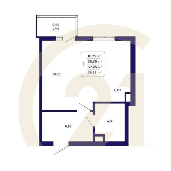 1-комн, 37.25 м², 15-25 этаж