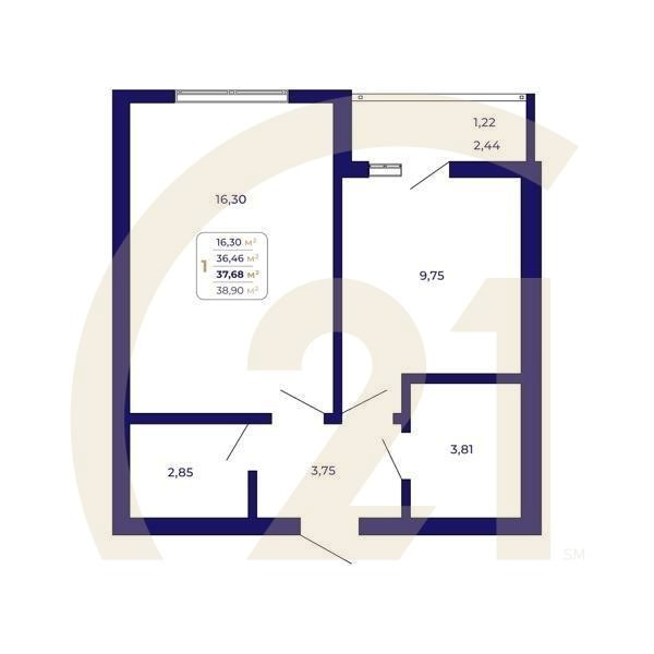 1-комн, 37.68 м², 2 этаж