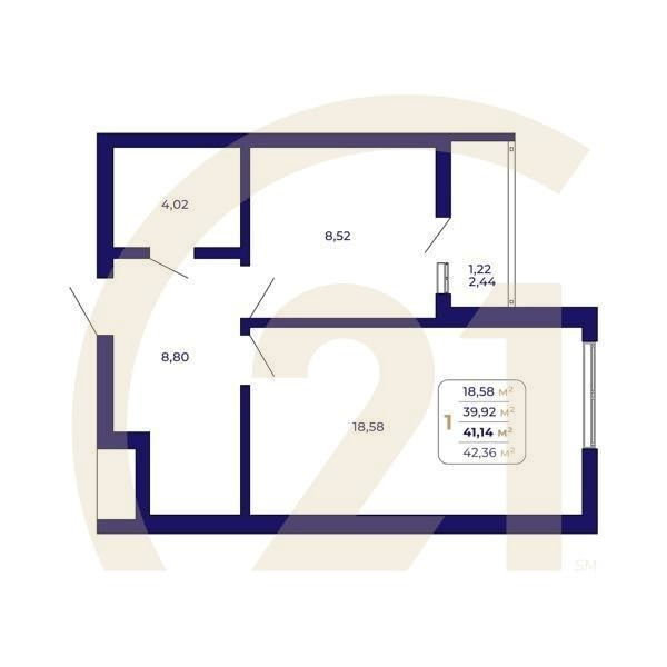 1-комн, 41.14 м², 15-21 этаж