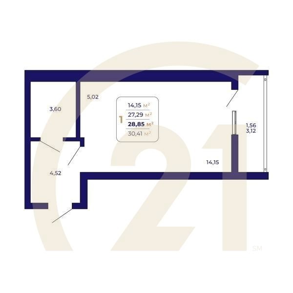 1-комн, 28.85 м², 15-21 этаж