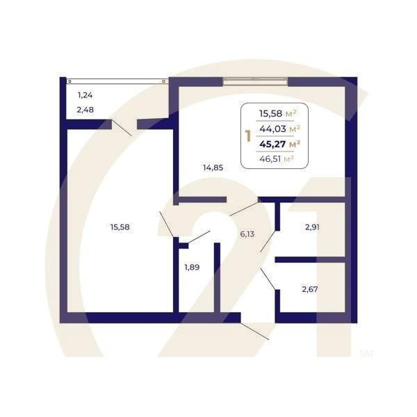 1-комн, 45.27 м², 2 этаж