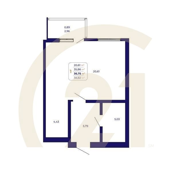 1-комн, 36.75 м², 2 этаж