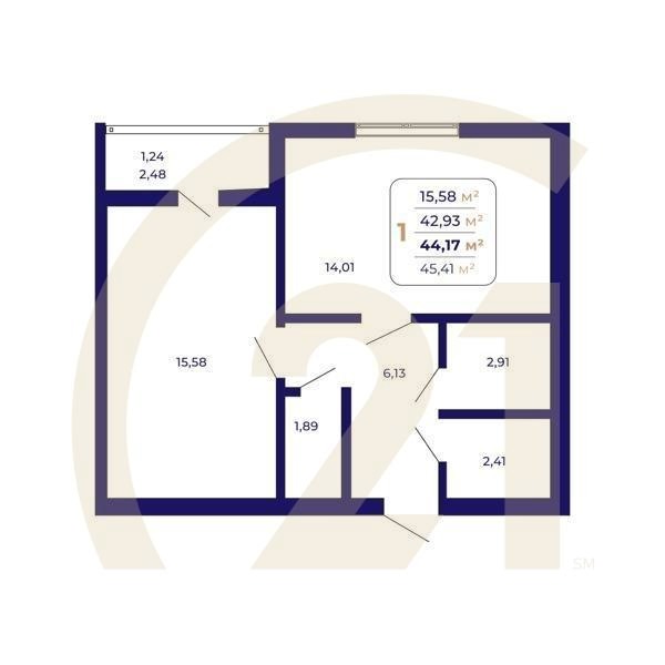 1-комн, 44.17 м², 3-14 этаж