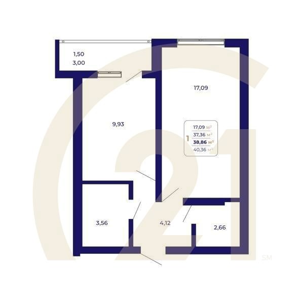 1-комн, 38.86 м², 3-14 этаж