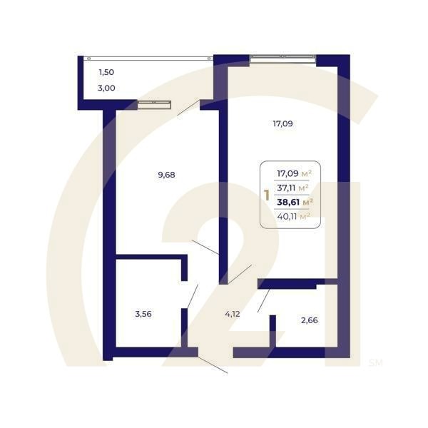 1-комн, 38.61 м², 15-18 этаж