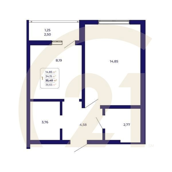 1-комн, 35.4 м², 16-17 этаж