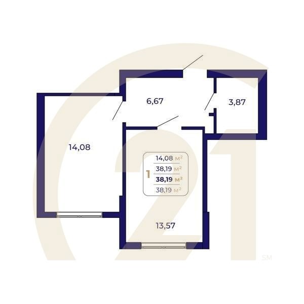 1-комн, 38.19 м², 1 этаж