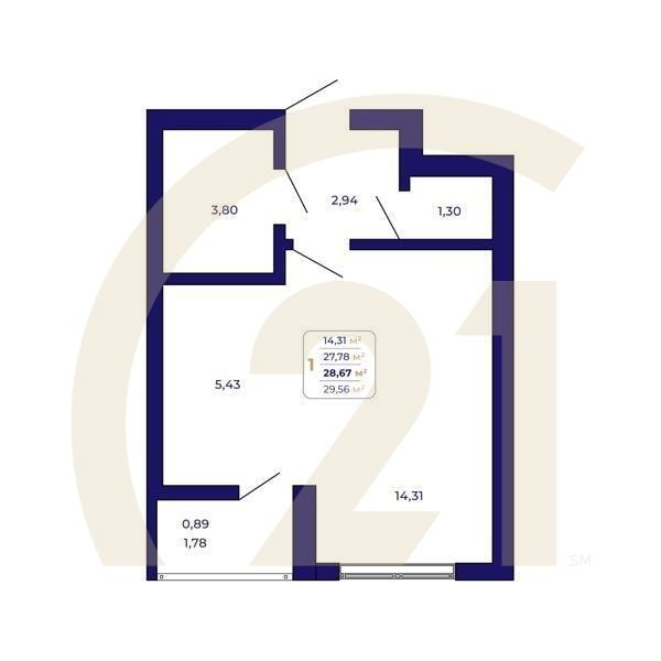 1-комн, 28.67 м², 2 этаж