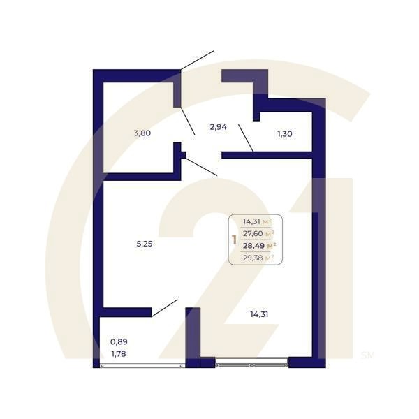 1-комн, 28.49 м², 3-14 этаж