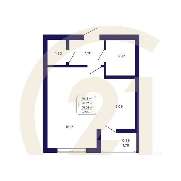 1-комн, 31.06 м², 15-17 этаж