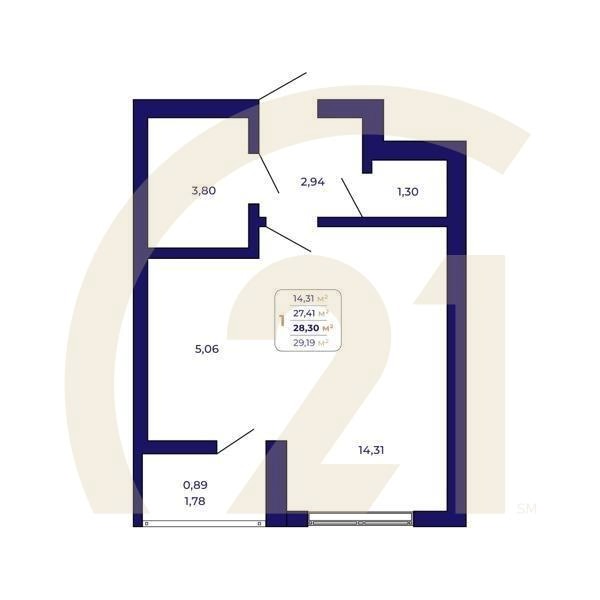 1-комн, 28.3 м², 17 этаж