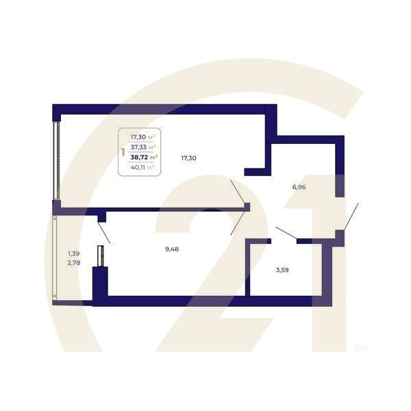 1-комн, 38.72 м², 15-25 этаж