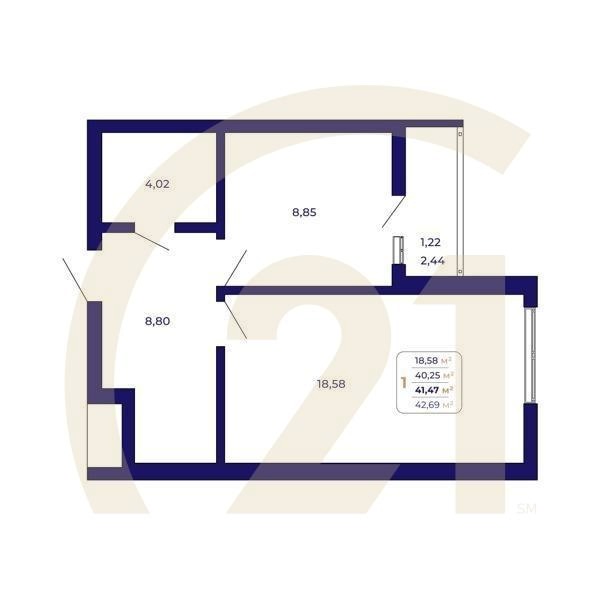 1-комн, 41.47 м², 2 этаж