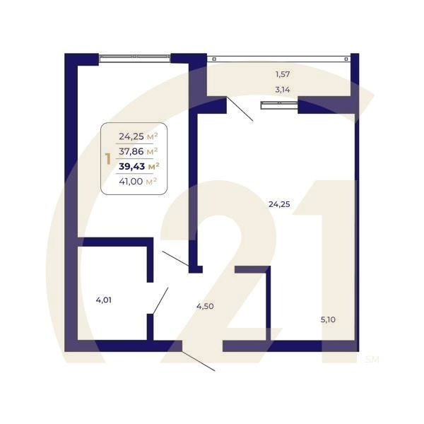 1-комн, 39.43 м², 3-14 этаж