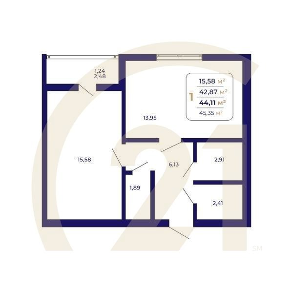 1-комн, 44.11 м², 15-19 этаж