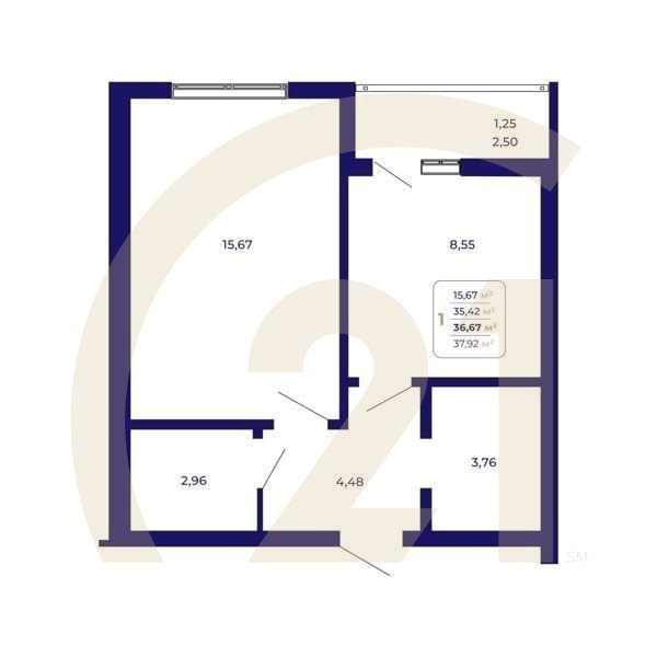 1-комн, 36.67 м², 2 этаж