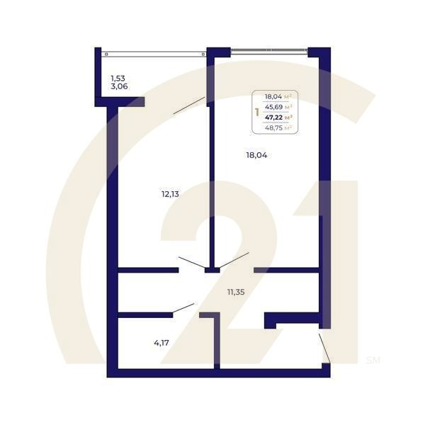 1-комн, 47.22 м², 1 этаж