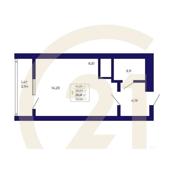 1-комн, 29.51 м², 1 этаж