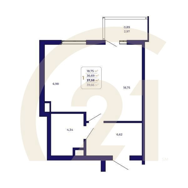 1-комн, 37.58 м², 3-14 этаж