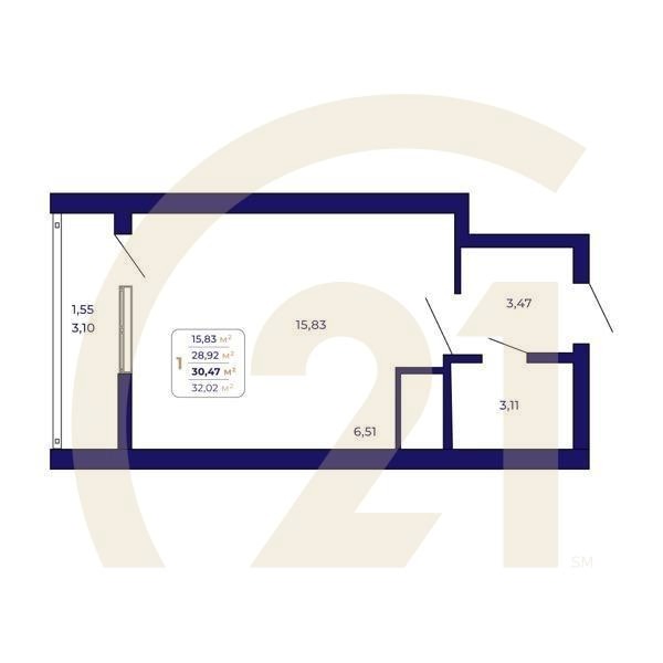 1-комн, 30.47 м², 1 этаж