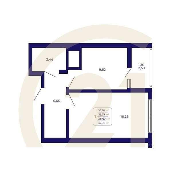 1-комн, 36.67 м², 2-25 этаж