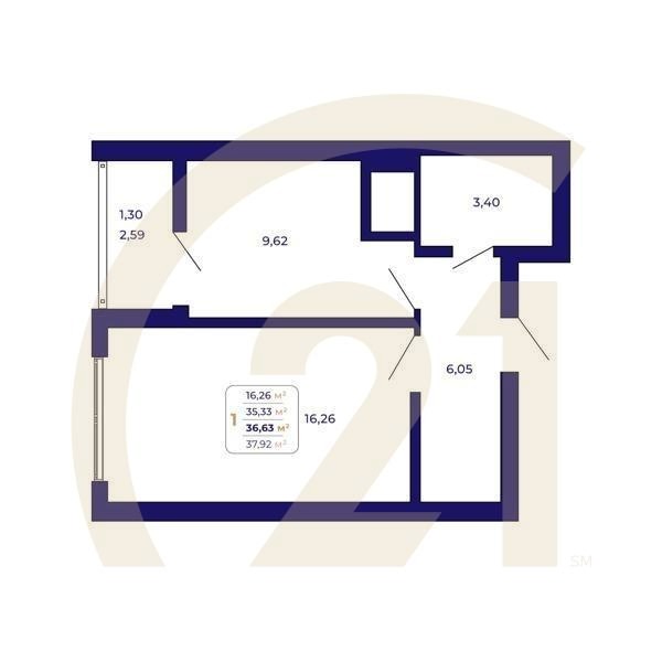 1-комн, 36.63 м², 2-25 этаж