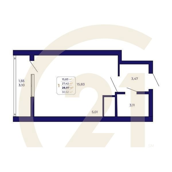 1-комн, 28.97 м², 2-25 этаж