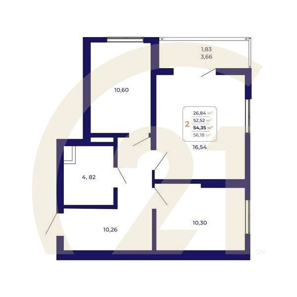 2-комн, 54.35 м², 1 этаж