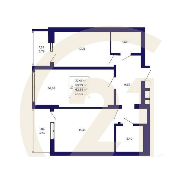2-комн, 62.24 м², 15-25 этаж