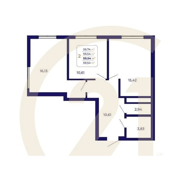 2-комн, 59.54 м², 1 этаж