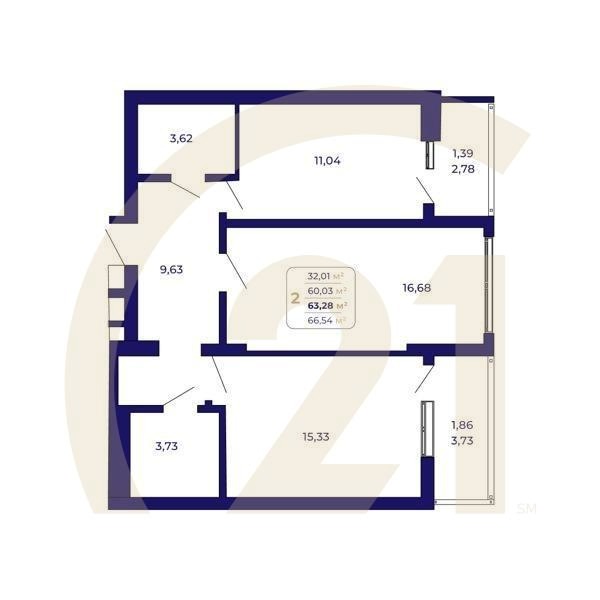 2-комн, 63.28 м², 2 этаж