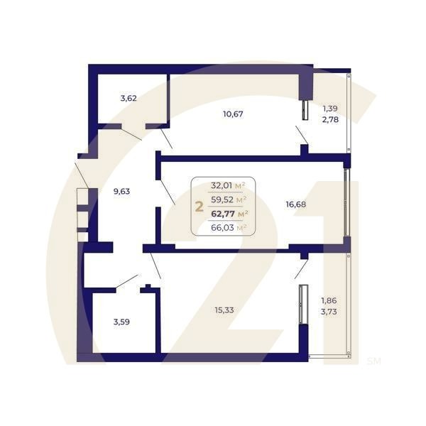 2-комн, 62.77 м², 3-14 этаж