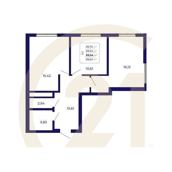 2-комн, 59.54 м², 1 этаж