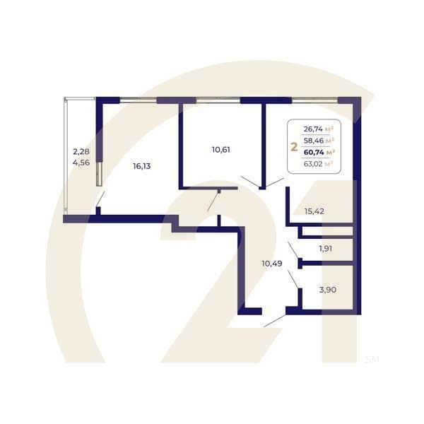 2-комн, 60.74 м², 3-14 этаж