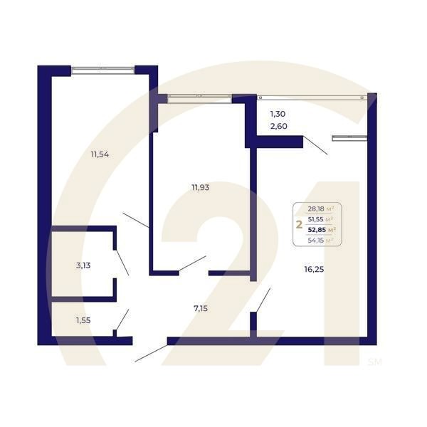 2-комн, 52.85 м², 2 этаж