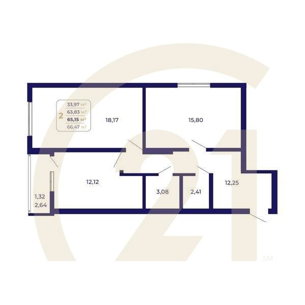 2-комн, 65.15 м², 2 этаж