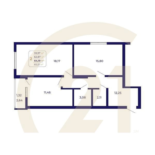 2-комн, 64.19 м², 3-14 этаж