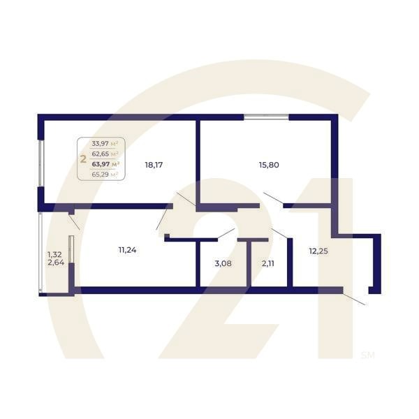 2-комн, 63.97 м², 15-21 этаж